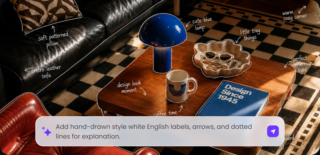 An AI image editing example with handwritten labels and a prompt
