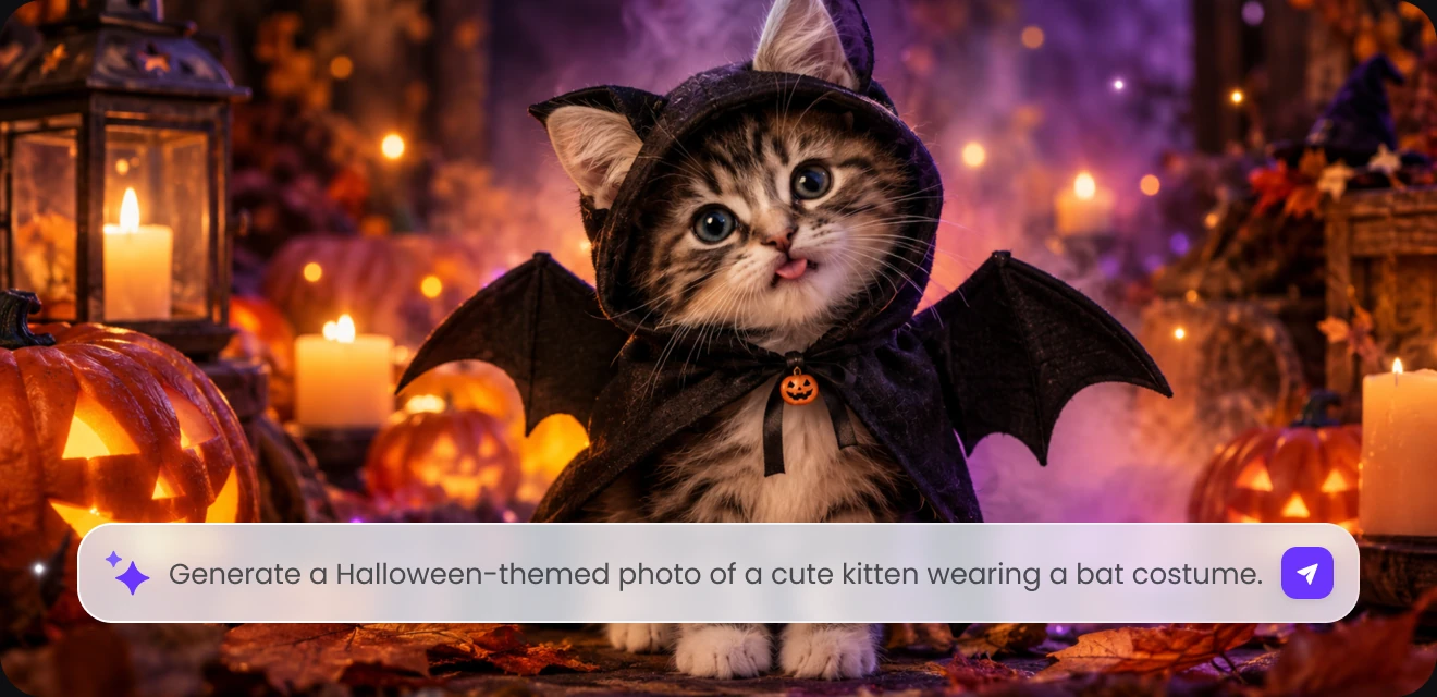 A kitten in a Halloween bat costume, created from an AI prompt