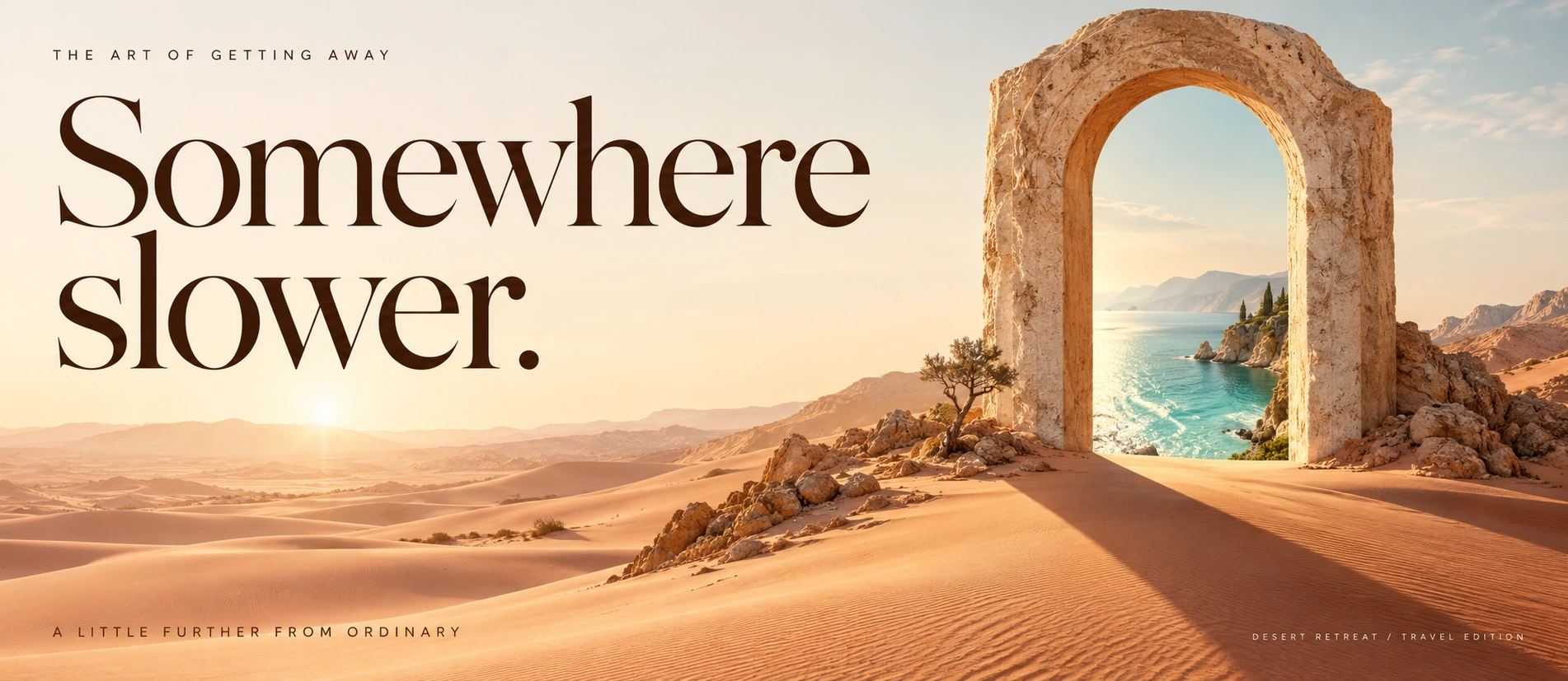 Travel poster titled Somewhere slower, with a desert stone arch opening onto a turquoise coast