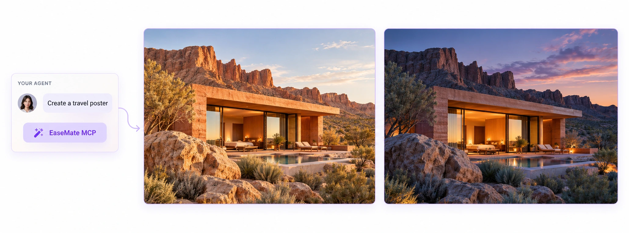 An agent requests a travel poster through EaseMate MCP and receives two variations of a desert cabin