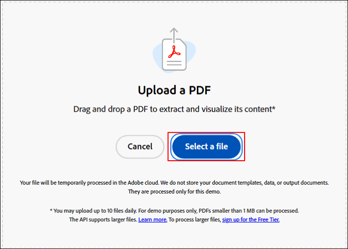 adobe click select a file to upload a pdf
