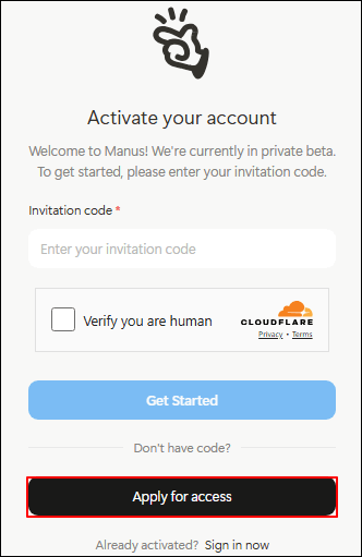 click apply for access on manus