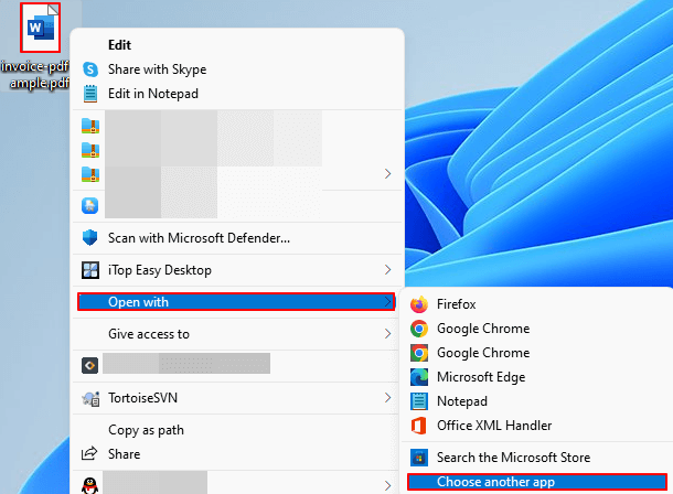 right click pdf select open with choose another app word